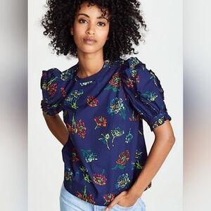 Ulla Johnson Kari Cotton Blouse, Blue Floral, Size XS